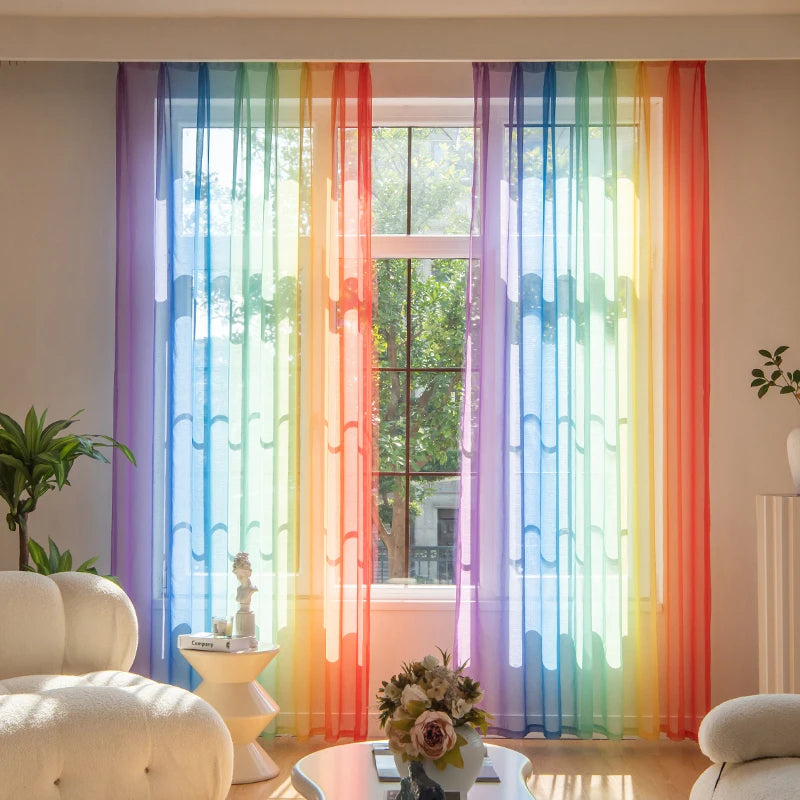 rideau moderne rayures arc ciel transparent polyester bleu vert jaune rouge violet élastique salon