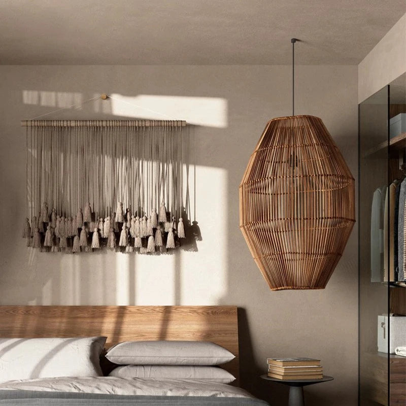 Suspension rattan tressée moderne naturelle salon chambre lumière chaîne métallique