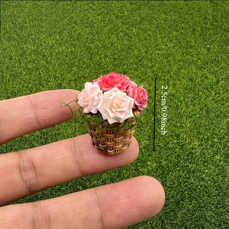 miniature banc bois paniers osier fleurs roses jaunes vintage set decoextérieur