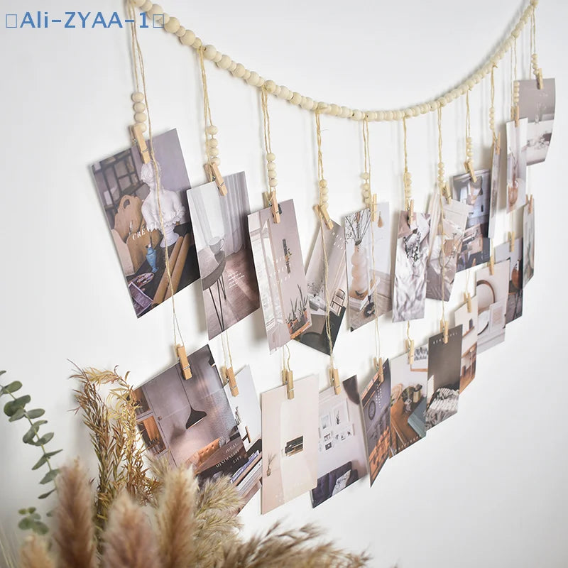 cadre mural photos boho bois ficelle macramé beige blanc rustique