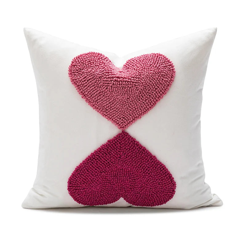 taie d'oreiller carrée brodée cœur géométrique 100% polyester blanc rose décoration maison boho chic