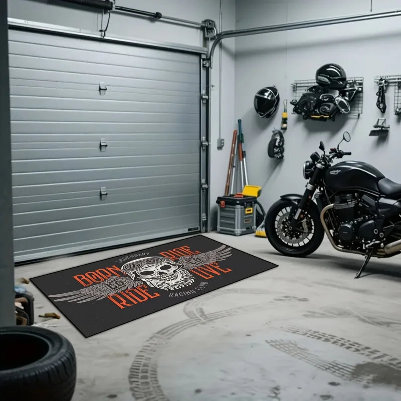 tapis crâne ailes born to ride graphique noir blanc orange imperméable antidérapant polyvinyle polyester