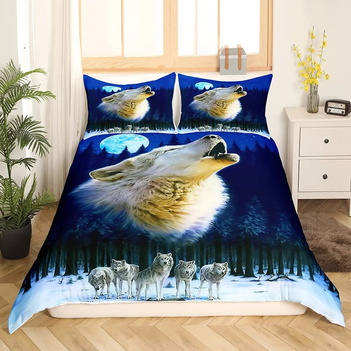 Détail de l'impression 3D loup sur la housse de couette