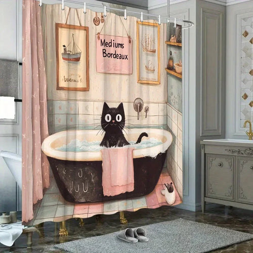 rideau douche chat baignoire beige rose noir métalliques motifs géométriques vintage illustratif