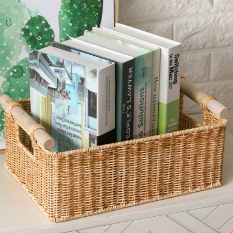panier tressé naturel poignées bois rangement traditionnel respectueux environnement dimension 37x26cm