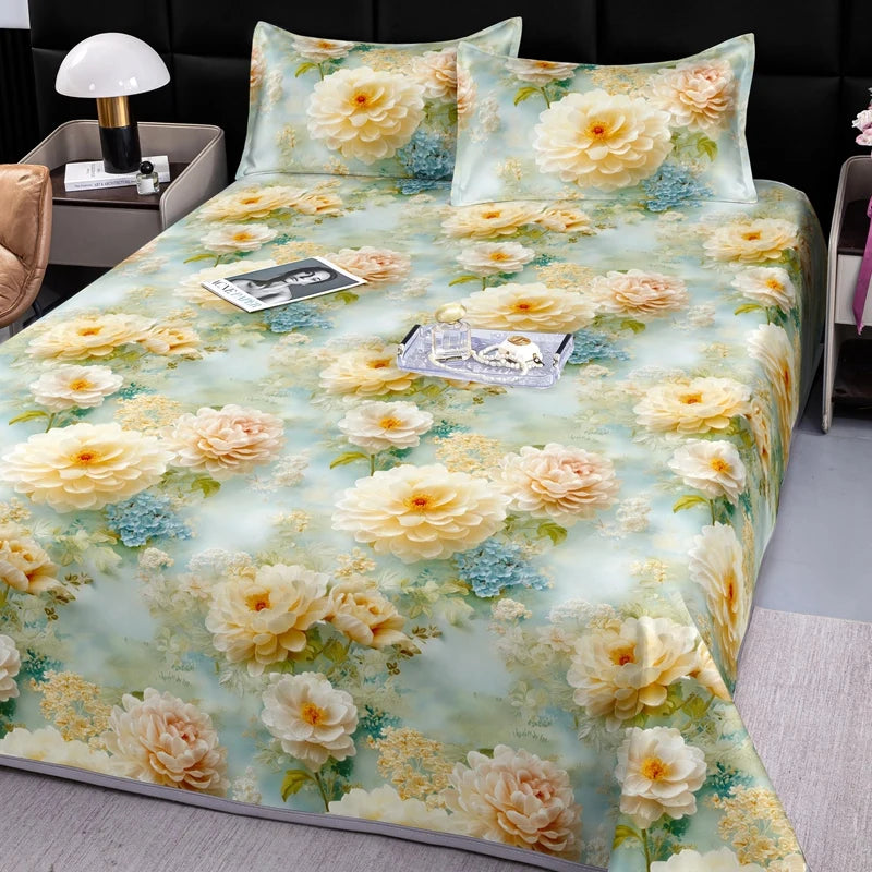 drap lit complet fleurs classique vert clair bleu clair beige violet rose adultes chambre