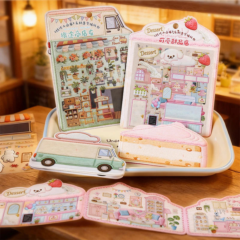 autocollants broderie desserts maison animaux fauteuils table four paniers horloge tapis coussins