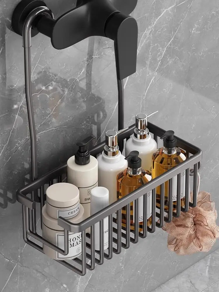 panier douche gris moderne fixation murale lisse opaqué produits toilette bouteilles gobelet brosse dents