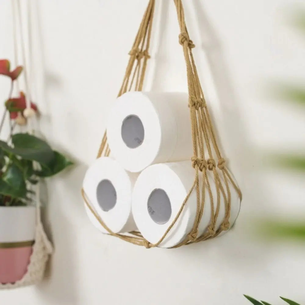 Sac rouleaux papier toilette boho blanc tissu crochet mural salle bain deco rustic