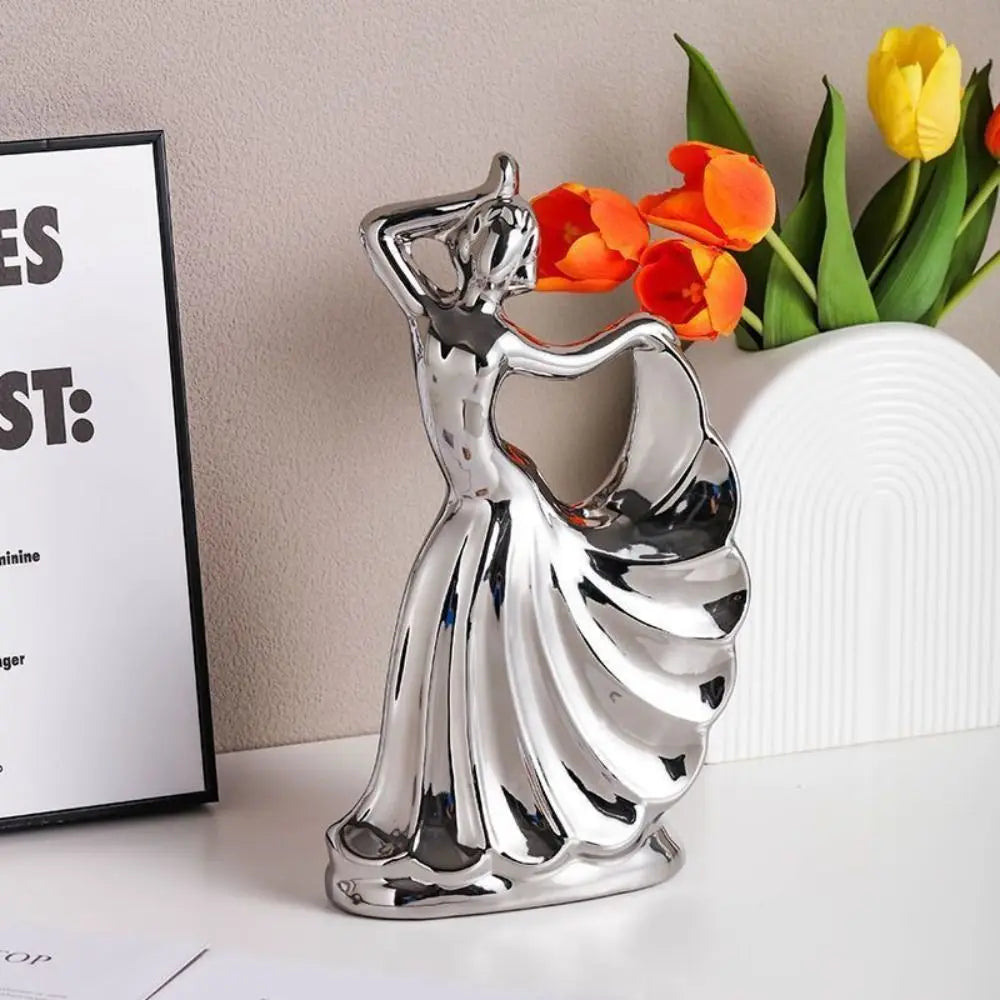 statue décorative femme dansante or argenté céramique email finition polie moderne élégante intérieur 22cm