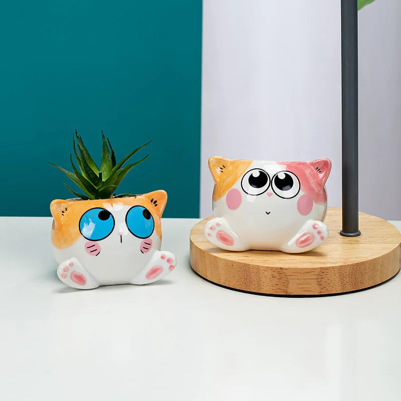 cache pot forme chat cartoon miniature deco plante verte blanc rose orange