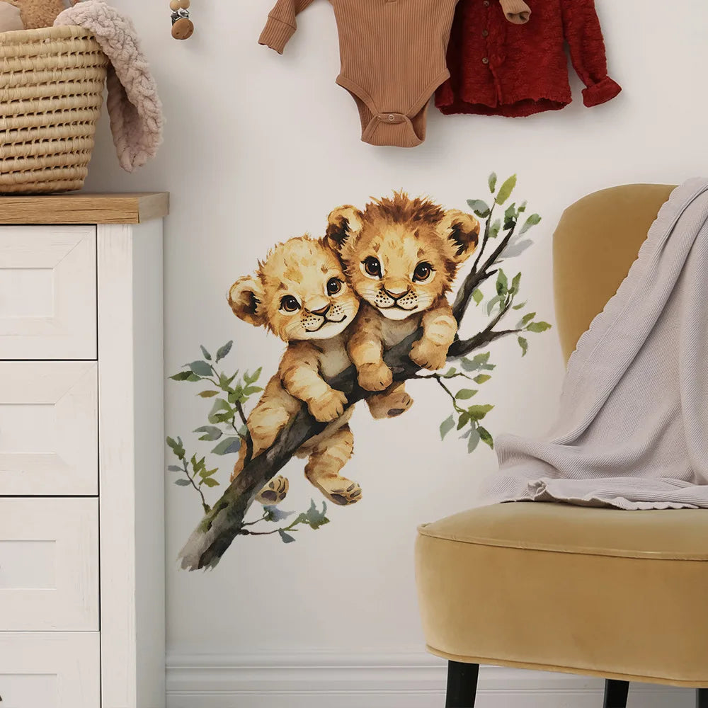 sticker mural illustration lionceaux branch feuilles marron beige vert blanc adhésif chambre salon hall