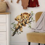 sticker mural illustration lionceaux branch feuilles marron beige vert blanc adhésif chambre salon hall