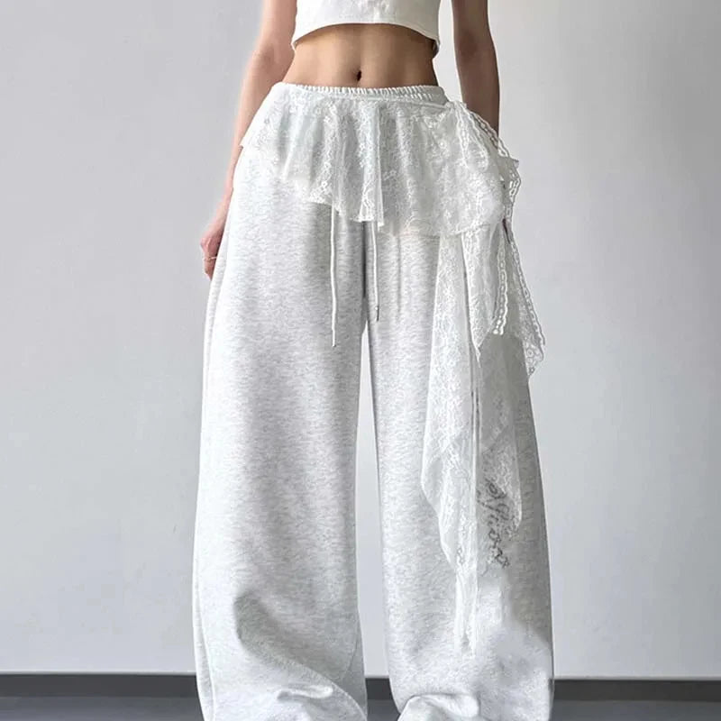 pantalon femme gris clair dentelle élastique moderne décontracté transparent y2k one size white