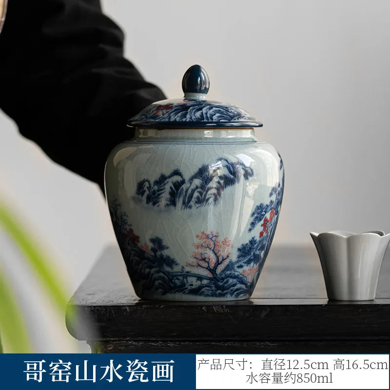 pot thé céramique blanc bleu paysage chinois couvercle fleurs montagnes arbre traditionnel