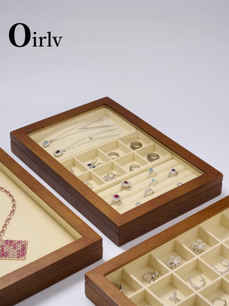 boîtes bijoux bois marron intérieur velours beige verre transparent contemporain minimaliste