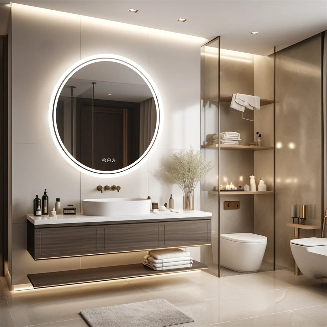 miroir rond lumineux moderne anti buée éclairé led blanc réglable tactil salle bain