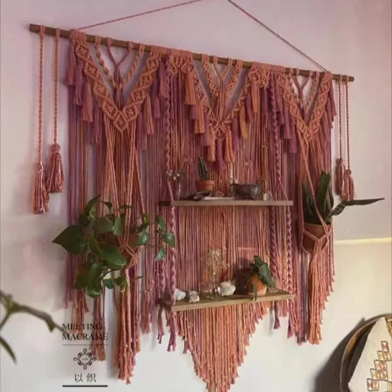 macramé boho chic étagère suspendue franges feuilles noeuds plantes vert gris bleu marron rose