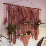 macramé boho chic étagère suspendue franges feuilles noeuds plantes vert gris bleu marron rose