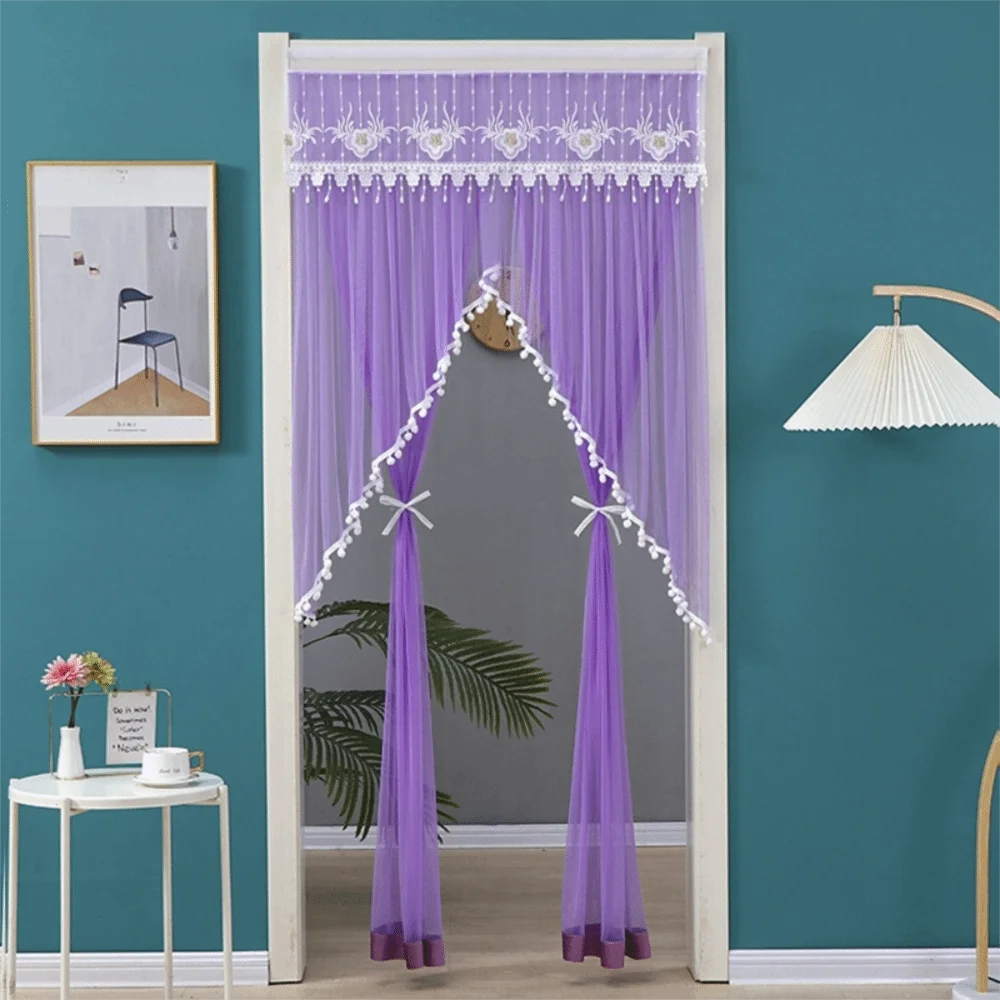 rideau porte décoration dentelle pompons auto adhésif blanc beige violet vertclair