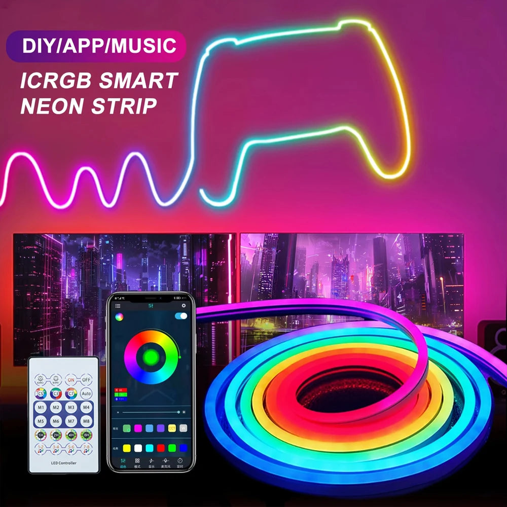 ruban led néon multicolore controle bluetooth synchronisation musique décoration moderne allumage continu flexible étanche