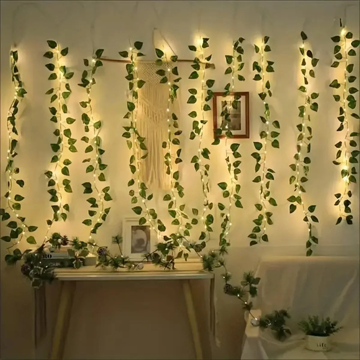 guirlande lumineuse feuilles vertes led clips moderne decoration exterieure jardin blanc