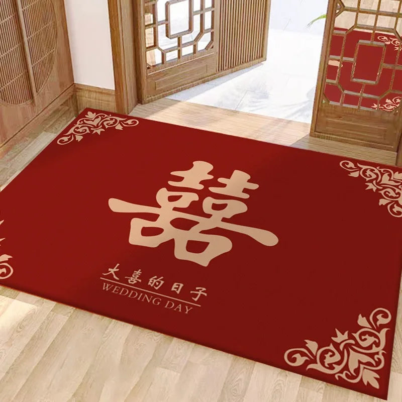 tapis porte rouge mariage chinois motif double bonheur décoration entrée maison classique décoratif