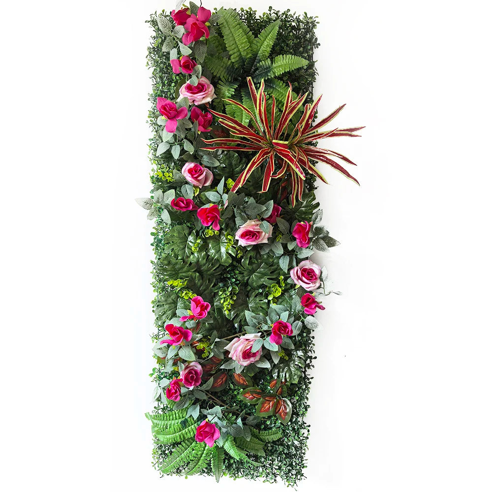 panneau végétal artificiel fleurs roses feuilles vertes décoration murale jardin mariage extérieur intérieur moderne