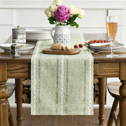 nappe table vert olive tissage géométrique rustique assiettes fleurs bois modernesco