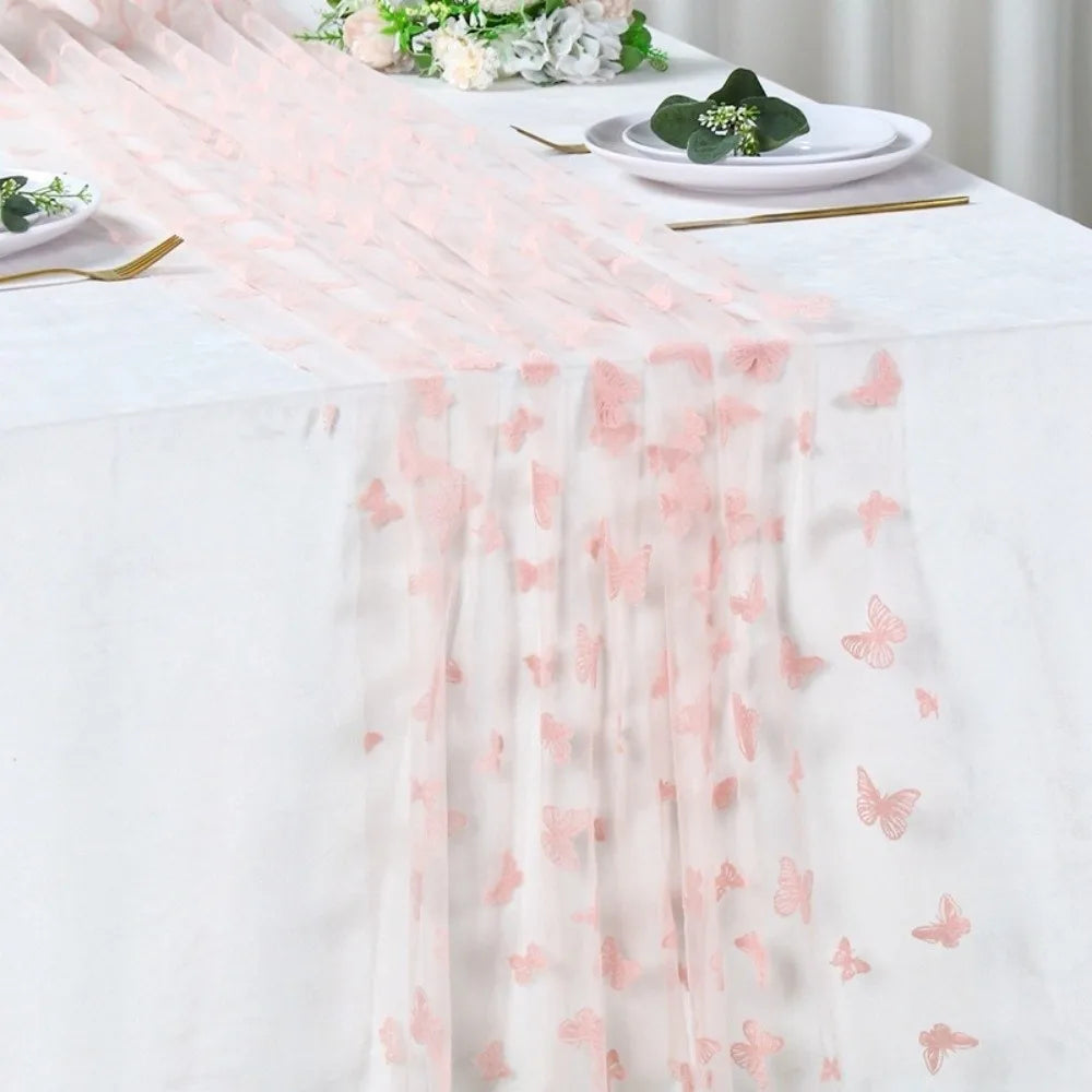 nappe décorative transparente papillons brodés rose violet blanche festive romantique table anniversaire élégante événementière