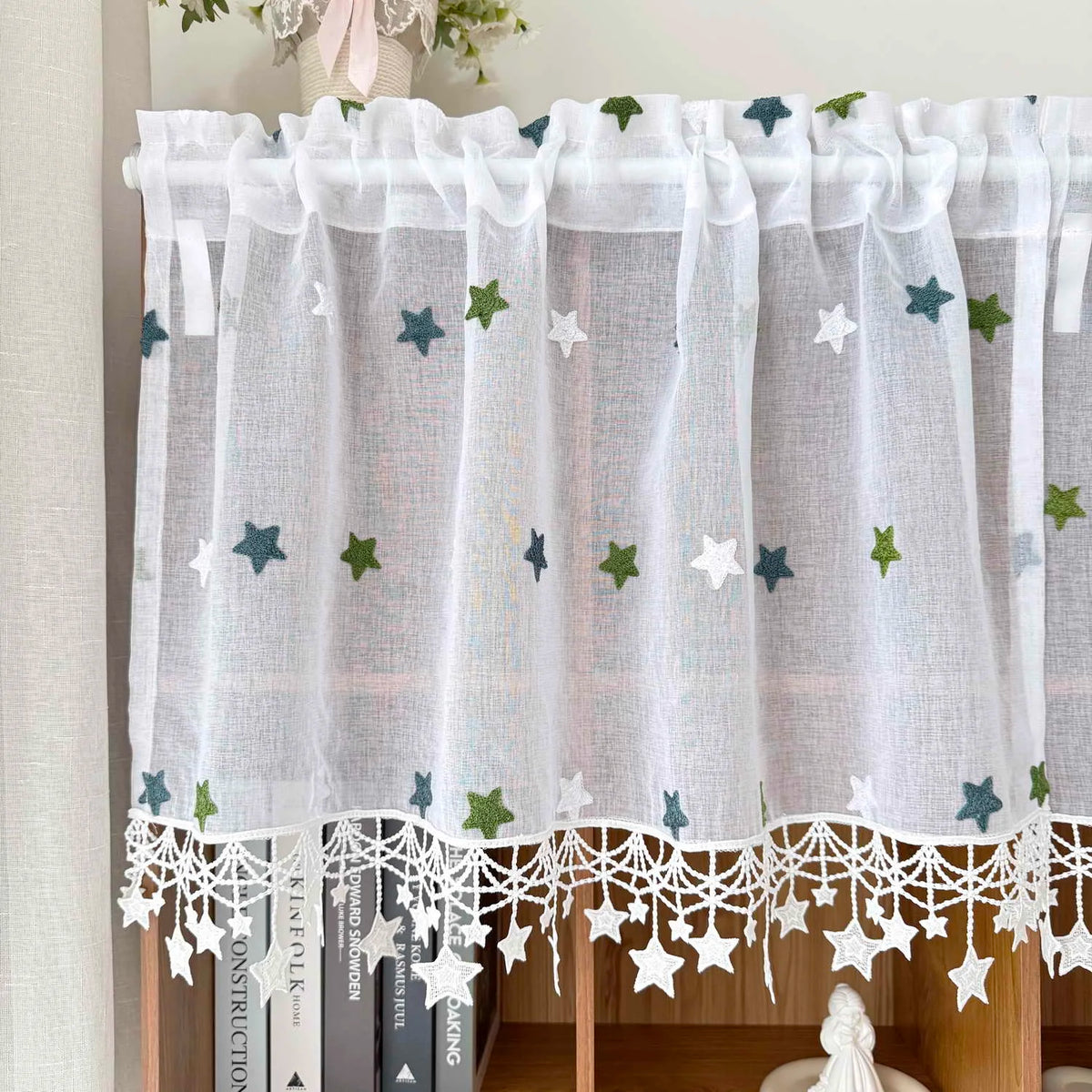rideau transparent brodé étoiles classique blanc romantique maison