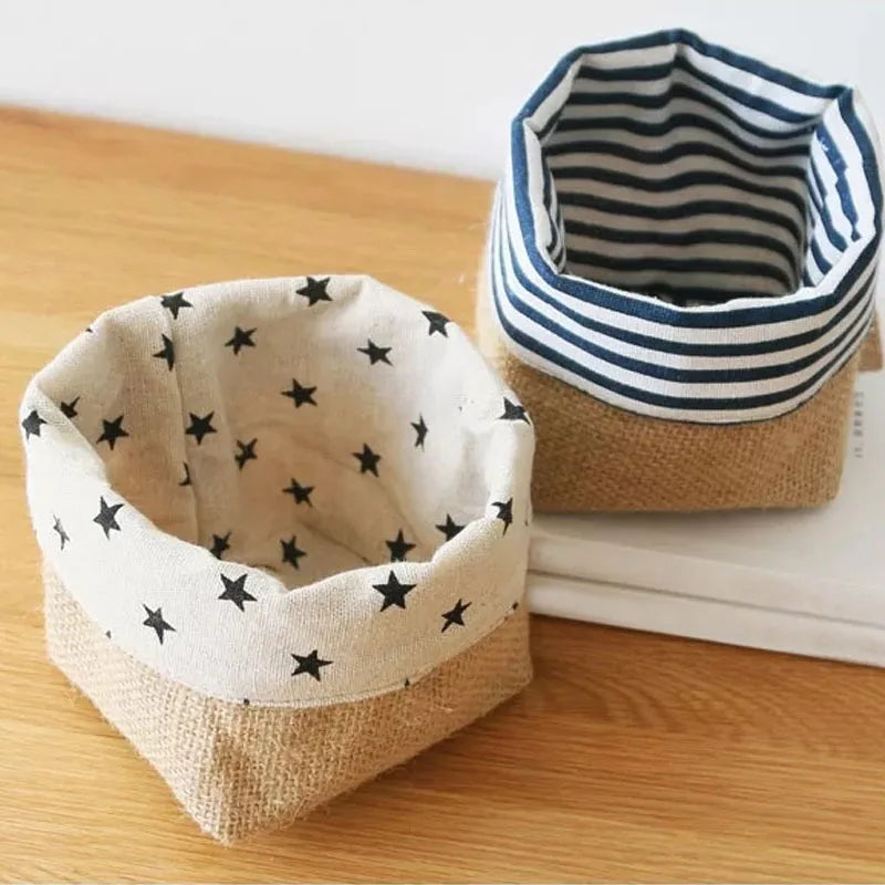paniers rangement pliables toile jute motif étoiles rayures bleues blancs rustiques