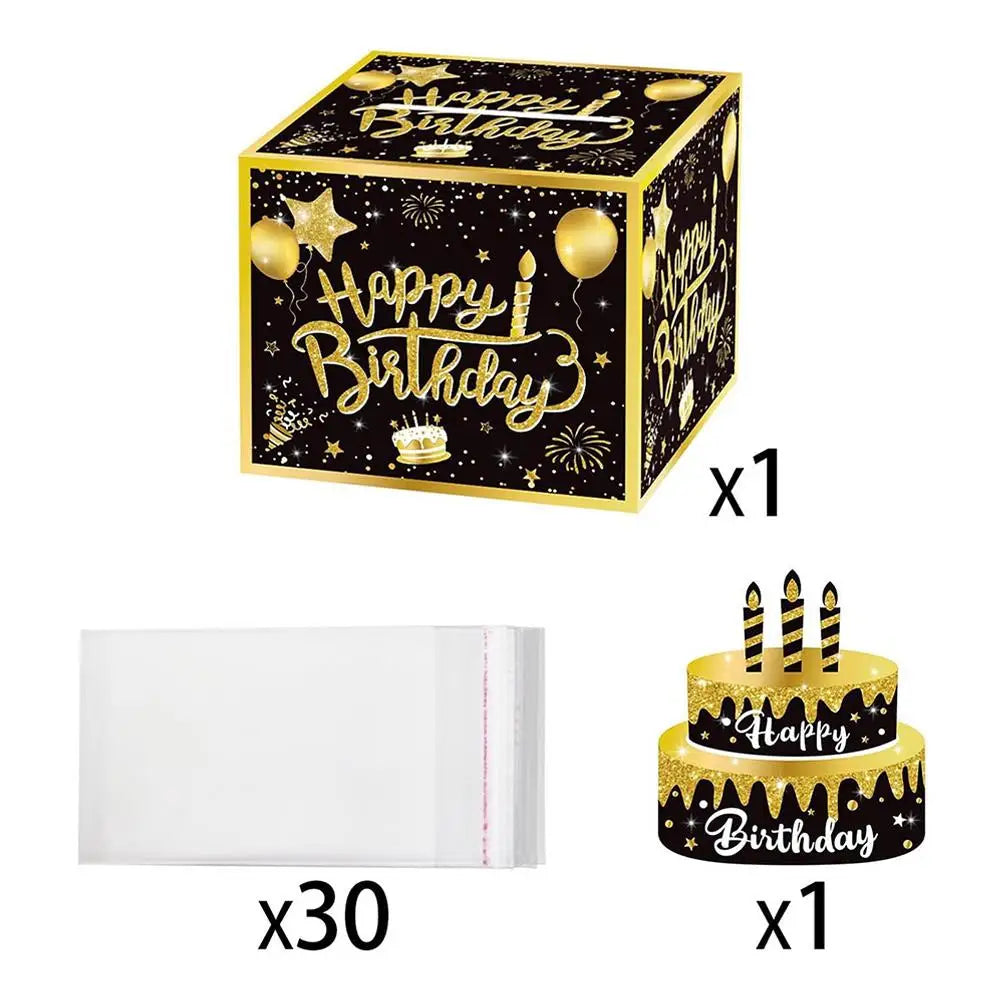 boîte cadeau anniversaire noir étoiles dorées happy birthday billets banque festive 30 sachets transparents