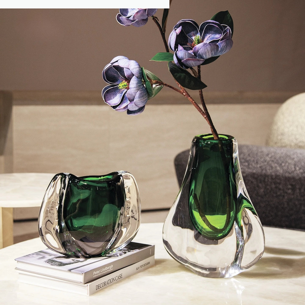 vase verre vert transparent moderne forme organique asymétrique décoration table hydroponie terrarium