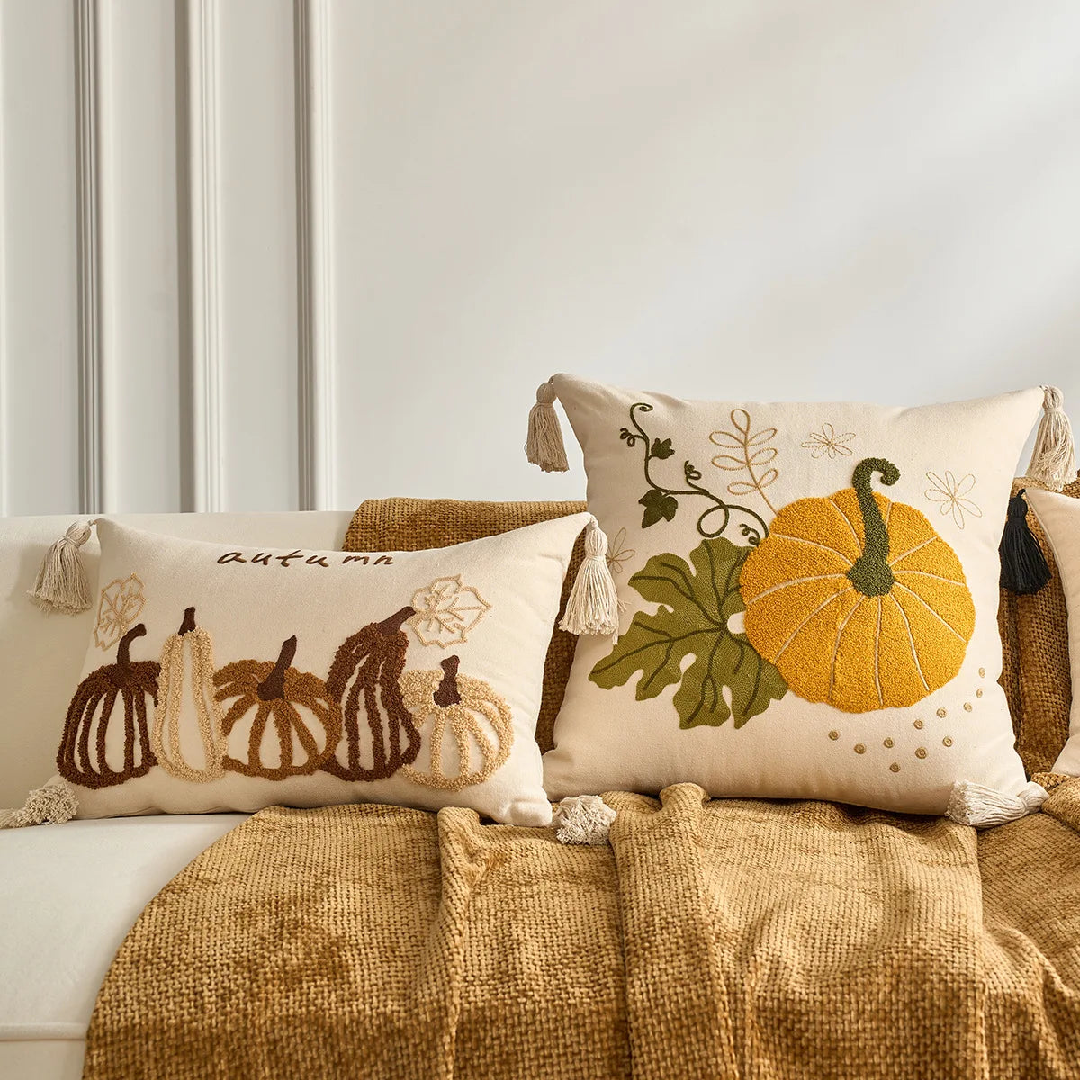 citrouilles feuilles d'automne coussin polyester 45x45cm rustique halloween thanksgiving decoration chambre