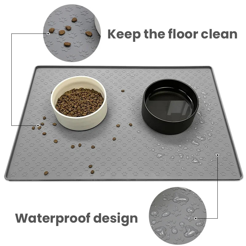 tapis nourriture animal imprimé pattes gris moderne opacité 80x60cm 60x46cm 40x30cm 29.5x18cm
