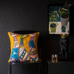 coussin abstrait brodé chats fleurs moderne linge coton bleu orange noir blanc vert marron