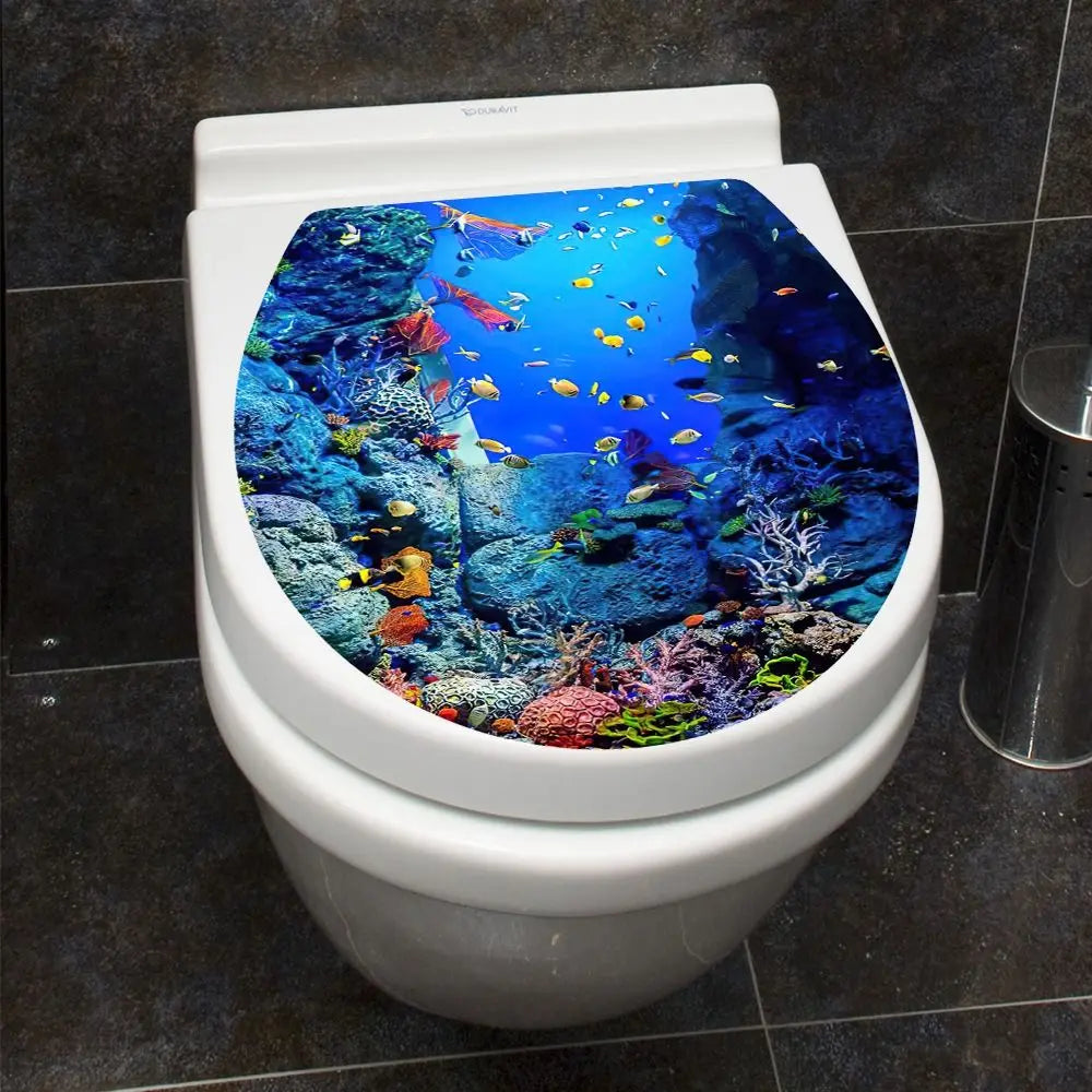 autocollants couvercle toilette sous marin coraux poissons moderne pvc bleu vert orange jaune rouge