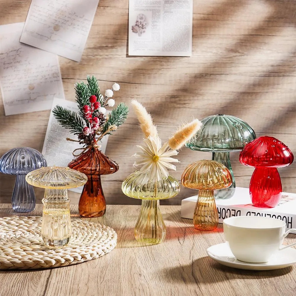 vases champignon moderne transparent rayures verticales marron rose vert rouge bleu orange