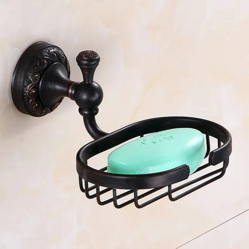 accessoires salle bain noir élégants motifs floraux classiques vintage fixations murales porte savon porte