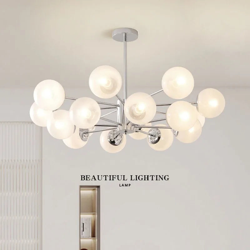 lampe suspension moderne chrome douze sphères translucides luminaire salon chambre cuisine blanc