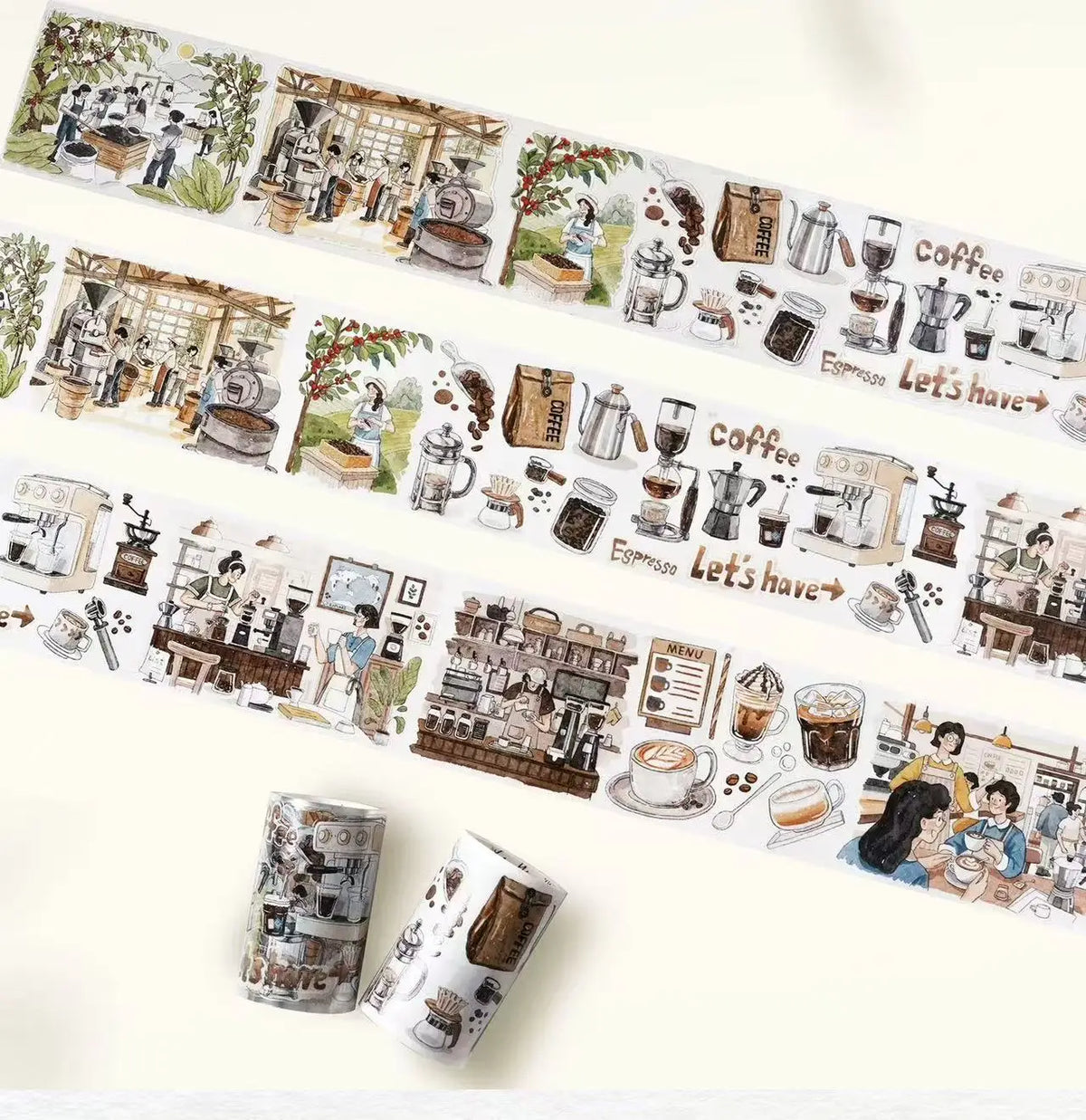 ruban decoratif illustrations personnes espresso lettres adhesif blanc marron bleu vert