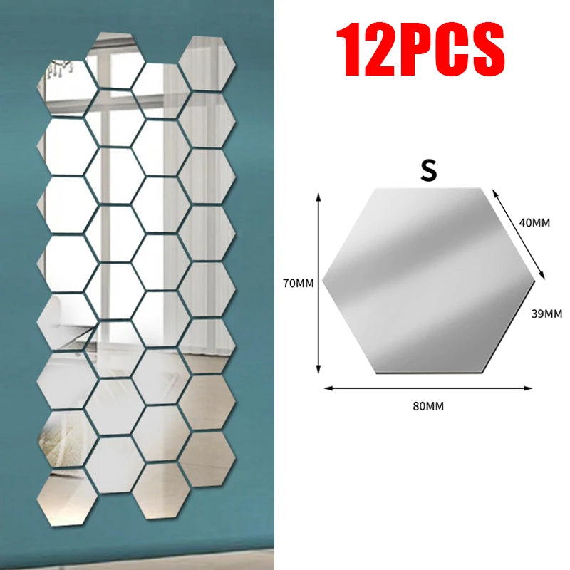 miroir hexagonal acrylique adhésif mural décoratif mosaïque brillant argenté doré gris clair moderne