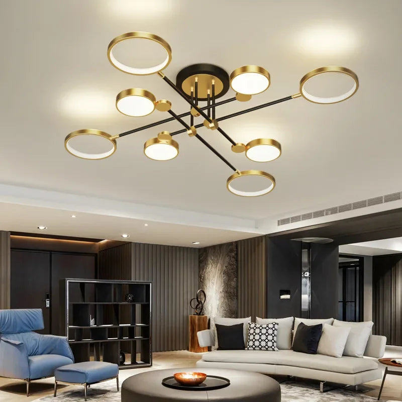 lustre moderne suspension lumineuse tête métallique noir or lisse géométrique chambre salon