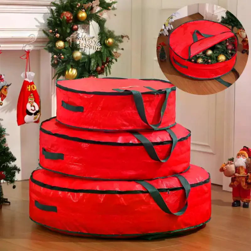 sacs rangement noel tissu texturé rouge vert boules ornements guirlandes poignées velcro festif pratique