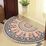 tapis demi cercle motif floral ethnique imperméable antidérapant polyester blanc bleu