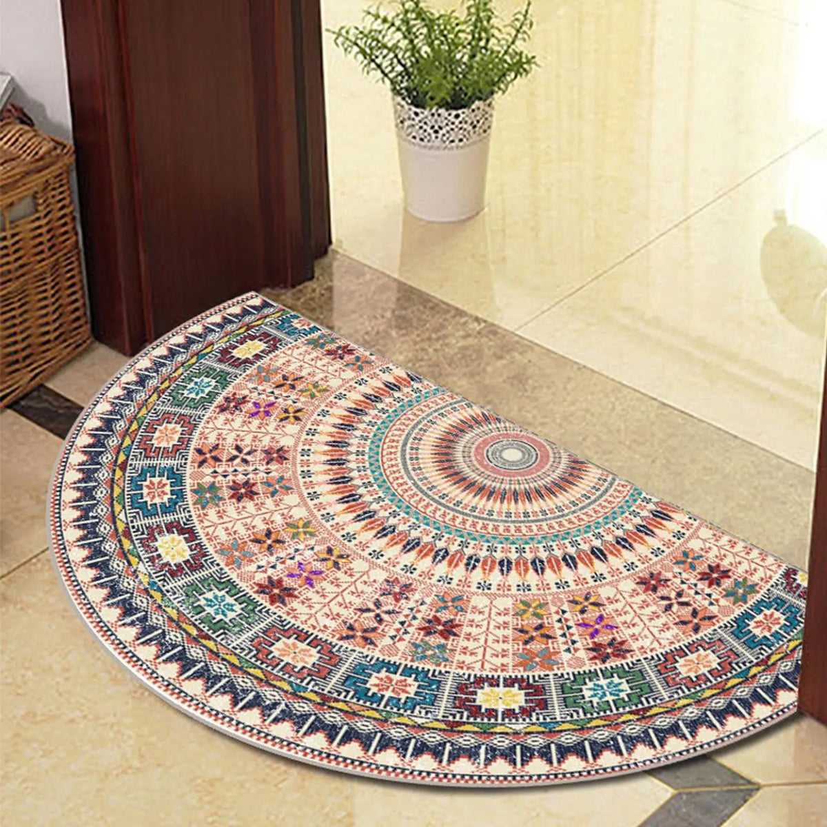 tapis demi cercle motif floral ethnique imperméable antidérapant polyester blanc bleu