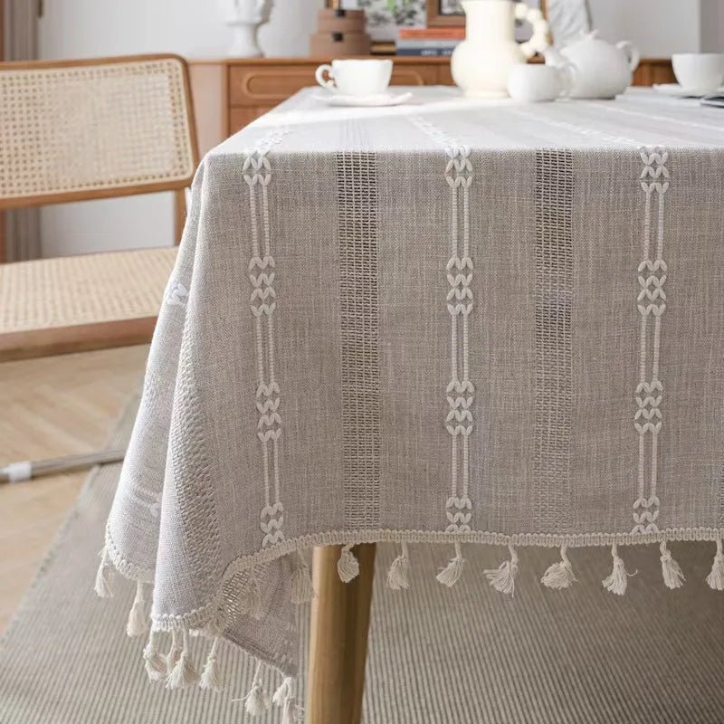 nappe vert olive rayures blanches franges boho chic réutilisable polyester table hiver été ramadan