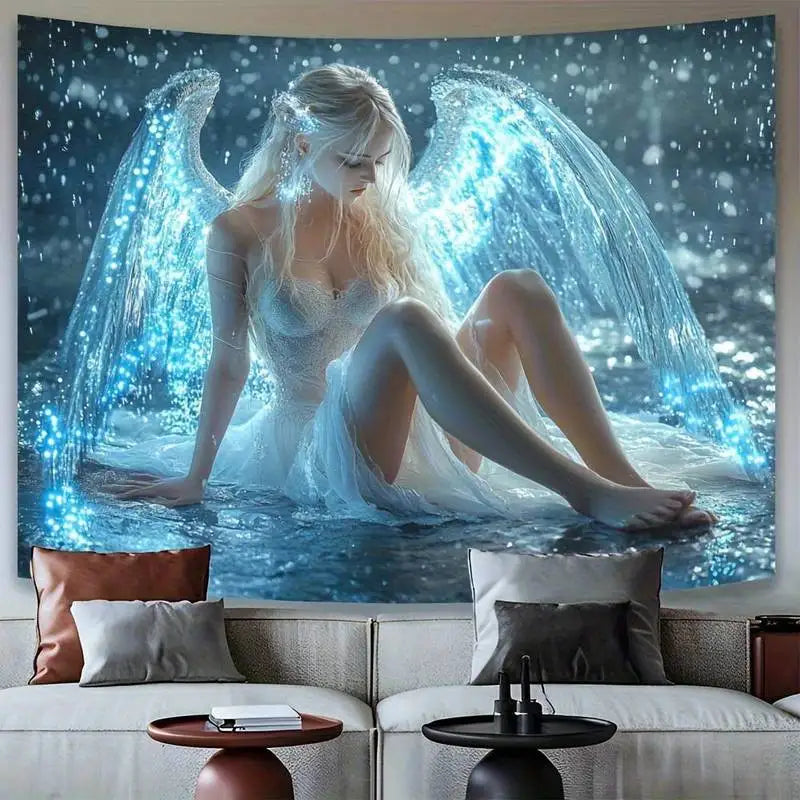 tapisserie murale moderne fleurs papillons cheval ailé clips fantaisie blanche bleue dorée grise