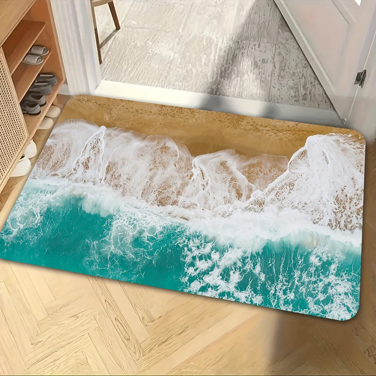 tapis sol moderne extérieur résistant rides bleu vert beige vague palmiers ananas soleil océan